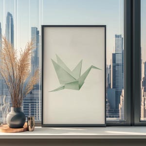 Origami Kran Wand Kunst | Minimalistisches Japandi Dekor in Sage Grün | Wabi Sabi Minimalistisches Poster für Mindful Decor Print