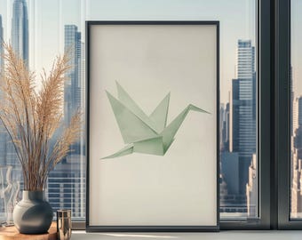 Origami Crane Wall Art | Minimalist Japandi Decor in Sage Green | Wabi Sabi Minimalist Poster for Mindful Decor Print