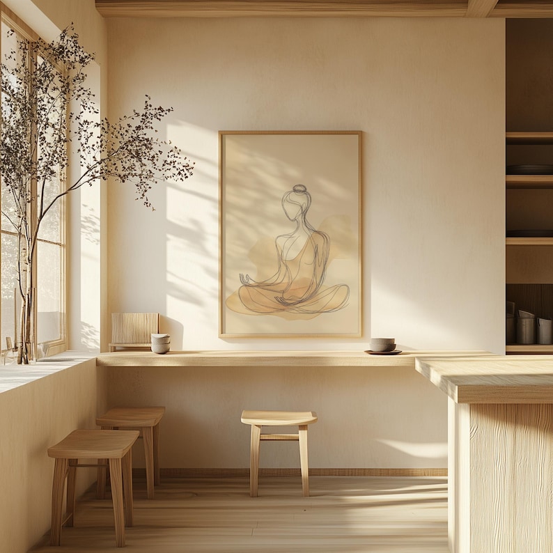 K&ouml;nnte beinhalten: Ein minimalistisches Innendesign mit einer Holztheke und Hockern. Ein gerahmtes Druckbild einer Linienzeichnung einer Person in meditativer Pose h&auml;ngt an der Wand. Der Druck ist auf einem beigefarbenen Hintergrund.