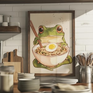 Vintage Japanese Frog Eating Ramen Wall Art | Retro Japanese Poster | Unique Kitchen Decor | Noodle Lover Gift | Quirky Frog Print