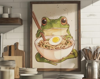 Vintage Japanese Frog Eating Ramen Wall Art | Retro Japanese Poster | Unique Kitchen Decor | Noodle Lover Gift | Quirky Frog Print