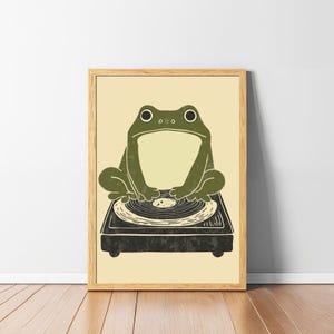 Japanischer Frosch mit Vinyl Vibes Ungerahmt Kunstdruck, Wandkunst, japanisches Wohnkultur Print Poster