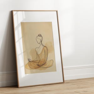 K&ouml;nnte beinhalten: Eine gerahmte Linienzeichnung einer Person, die in meditativer Haltung sitzt. Die Zeichnung ist in Schwarzwei&szlig; und vor einem hellbraunen Hintergrund platziert.