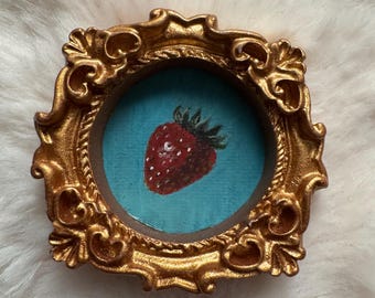 Handmade Miniature Strawberry Painting | Tiny Framed Fruit Art | Hand Painted Miniature Kitchen Artwork