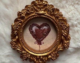 Handmade Miniature Balloon Heart Painting | Hand Drawn Vintage Style Framed Mini Art | Romantic Gothic Mini Artwork