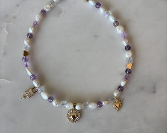 Freshwater Pearl Choker, Heart Crystal Charm, Handmade Necklace