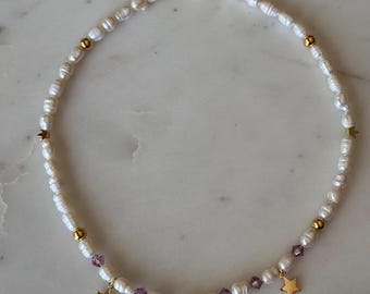 Freshwater Pearl Choker, Swarovski Crystal Heart Charm Necklace