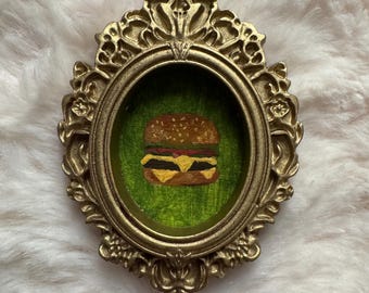 Mini Burger Painting | Tiny Framed Food Art | Handmade Miniature Burger Artwork