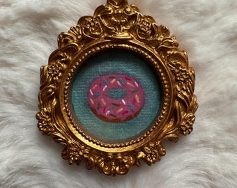 Handmade Miniature Sprinkle Donut Painting | Tiny Framed Dessert Art | Hand Painted Vintage Style Mini Artwork