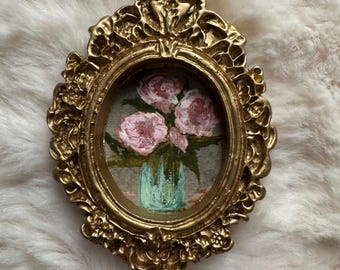 Mini Pink Roses Painting | Tiny Floral Art | Hand Painted Miniature | Framed Vintage Style Wall Art | Small Original Painting