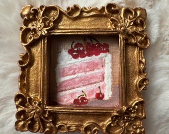 Handmade Miniature Cherry Cake Painting | Tiny Framed Dessert Art | Hand Painted Vintage Style Mini Artwork