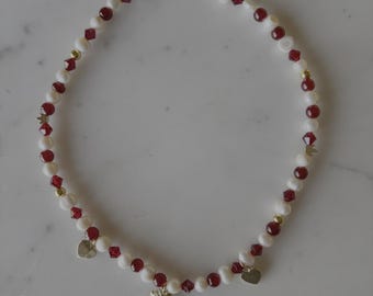 Pearl Choker with Charm, Custom Charm Necklace, Heart Charm Choker, Pink Crystal Beads, Coquette Pearl Necklace, Freshwater Pearl Necklace