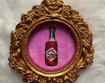 Mini Hot Sauce Bottle Painting | Tiny Kitchen Art | Hand Painted Miniature | Framed Food Wall Art | Small Original Painting | Quirky