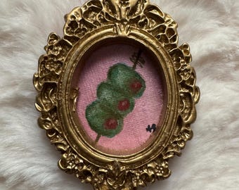 Handmade Miniature Martini Olive Painting | Hand Drawn Framed Mini Art | Vintage Style Tiny Art