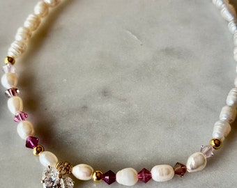 Freshwater Pearl Choker, Swarovski Crystal Heart Charm, Handmade Necklace