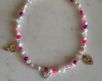 Freshwater Pearl Choker, Pink Crystal Heart Charm, Handmade