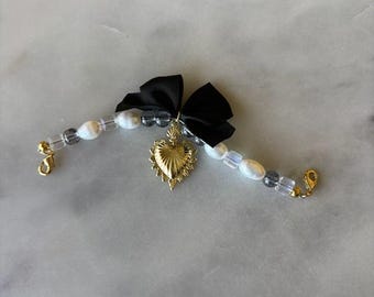 Pearl Purse Chain with Heart Charm, Crystal Accents
