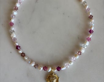 Freshwater Pearl Choker, Swarovski Crystal Beads, Heart Charm Necklace