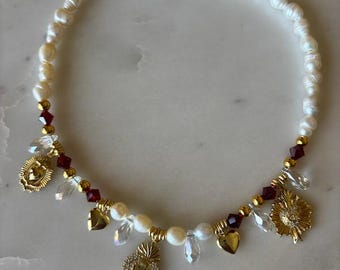 Freshwater Pearl Choker, Heart Charm, Red Crystal Necklace