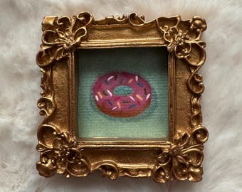 Handmade Miniature Pink Donut Painting | Tiny Framed Dessert Art | Hand Painted Vintage Style Mini Artwork
