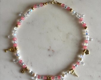 Freshwater Pearl Choker with Heart Charm, Pink Crystal Beads