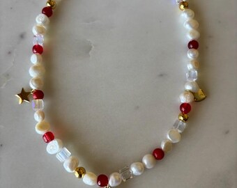 Freshwater Pearl Choker, Red Beads, Cherry Charm Necklace
