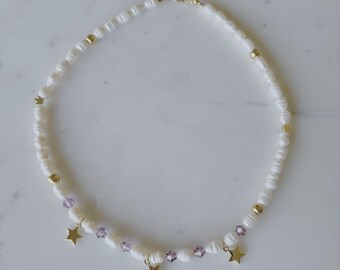 Freshwater Pearl Choker, Crystal Heart Charm, Handmade Necklace