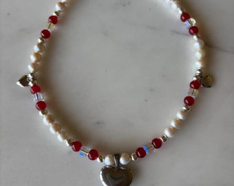 Handmade Freshwater Pearl Choker, Heart Charm, Swarovski Crystals