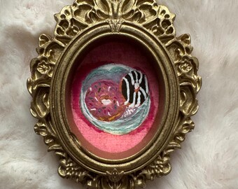 Handmade Miniature Donut Painting | Tiny Framed Dessert Art | Hand Painted Vintage Style Mini Artwork