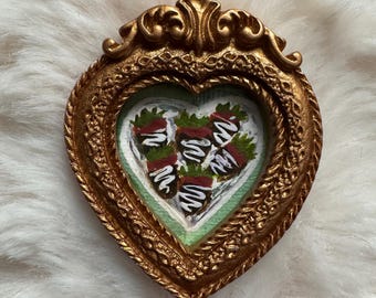 Handmade Miniature Chocolate Covered Strawberries Painting | Heart Plate Mini Art | Hand Drawn Framed Tiny Dessert Artwork