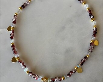 Handmade Freshwater Pearl Choker, Heart Charm, Swarovski Crystal Beads