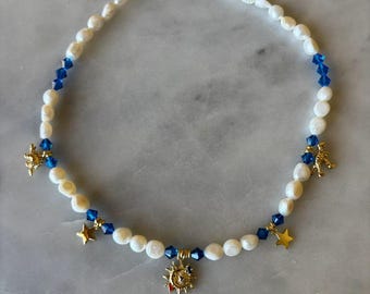 Handmade Pearl Choker, Swarovski Crystal Charm Necklace