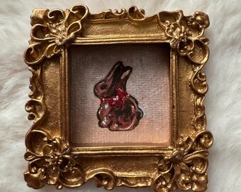 Handmade Miniature Chocolate Bunny Painting | Tiny Framed Dessert Art | Hand Painted Vintage Style Mini Artwork