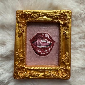Handmade Miniature Lips Painting | Hand Drawn Framed Tiny Art | Romantic Gothic Mini Artwork