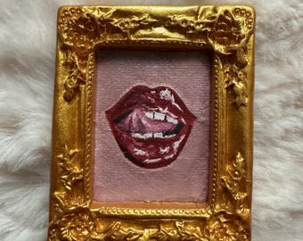 Handmade Miniature Lips Painting | Hand Drawn Framed Tiny Art | Romantic Gothic Mini Artwork