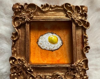 Mini Fried Egg Painting | Tiny Food Art | Hand Painted Miniature | Framed Kitchen Wall Art | Small Original Painting | Quirky Food Decor