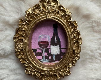 Mini Wine Still Life Painting | Tiny Wine Art | Hand Painted Miniature | Framed Bar Cart Wall Art | Small Original Painting