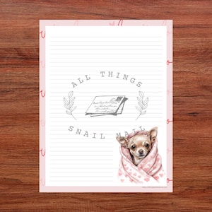 Könnte beinhalten: Liniertes Briefpapier mit rosa Rand und einer Aquarellillustration eines Chihuahuas, der in eine rosa Decke mit Herzmustern gehüllt ist. Der Text lautet "ALL THINGS SNAIL MAIL" mit einer Zeichnung eines Briefes.