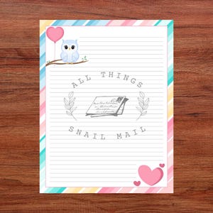 Cute owl with a pink balloon in a tree - 50 Double-sided loose sheets of 8.5 x 11 Beautiful Stationery