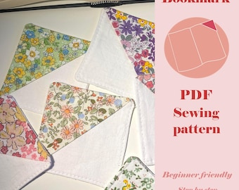 May include: A collection of floral fabric corner bookmarks with white backing, arranged near an open book. The image includes text that reads "Corner Bookmark" and "PDF Sewing pattern". The design is beginner-friendly with step-by-step instructions.