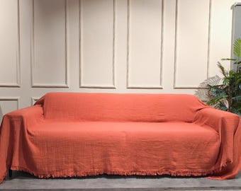 Terracotta Couch Cover %100 Cotton 4 Layered Muslin, Breathable Sofa Cover for Loveseat, Sectional, L-Shape, U-Shape, Washable Sofa Cover