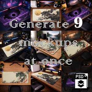 Könnte beinhalten: Neun Computer-Mauspad-Mockups werden gezeigt, jedes mit einem anderen Design. Die Pads zeigen künstlerische Designs, darunter einen Wolf mit Mond und abstrakte Muster. Der Text "Generate 9 mockups at once" ist auf dem Bild überlagert.