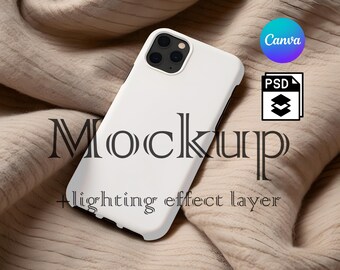 May include: White iPhone mockup on a beige fabric background. The phone has a black camera lens and the text "Mockup" is written in black on the screen. The text "lighting effect layer" is written below the phone.