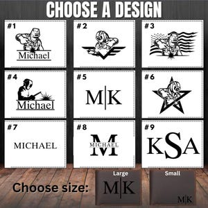 May include: Nine different designs for a leather wallet. The designs include a welder, initials, and a star. The wallet is available in two sizes: large and small. The text "Choose a design" and "Choose size" is displayed on the image.