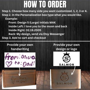 May include: How to order a personalised leather wallet. The example shows a wallet with a handwritten message "from: Olivia to: Dad!" and a logo with the text "SALMON".