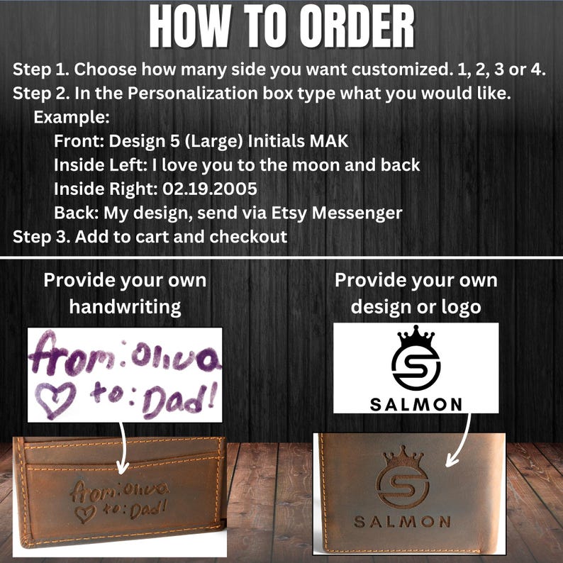 May include: How to order a personalised leather wallet. The example shows a wallet with a handwritten message "from: Olivia to: Dad!" and a logo with the text "SALMON".