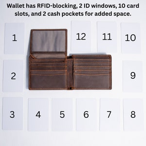 May include: A brown leather wallet with 10 card slots, 2 ID windows, and 2 cash pockets. The wallet is open and laid out on a white surface with numbered cards.