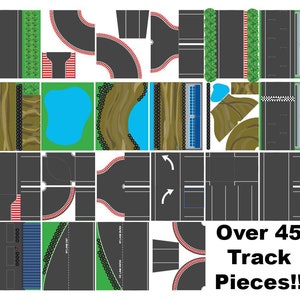 Könnte beinhalten: Ein Set mit über 45 bunten Streckenabschnitten für eine Spielzeug-Rennstrecke. Die Teile umfassen gerade Strecken, Kurven und Strecken mit Barrieren. Es gibt auch Teile, die einen See, einen Tunnel und eine Ziellinie darstellen.