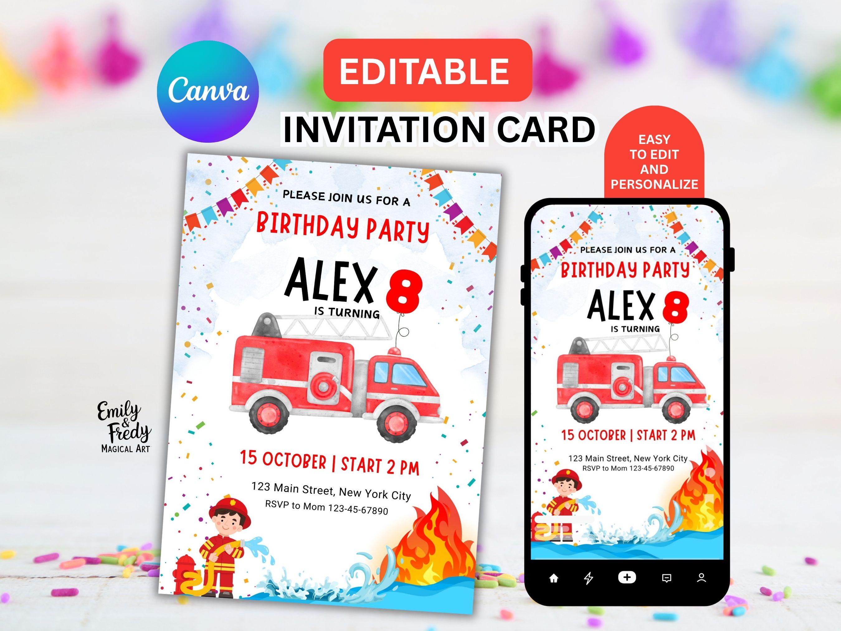 Fire Truck Birthday Party Invitation: Editable Canva Template , Digital ...