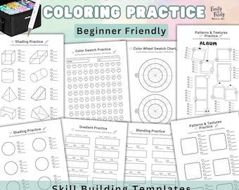 May include: A collection of alcohol marker coloring practice templates, including shading, color swatch, and blending exercises. The text "ALCOHOL MARKER COLORING PRACTICE" and "Beginner Friendly" are visible. The image also includes a set of markers and a carrying case.